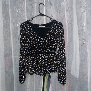 black, gold, and white dot pattern mesh blouse *xs*